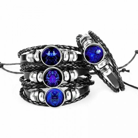 Leather Luminous Bracelet 12 Constellation Zodiac Sign Braided Unisex Jewellery