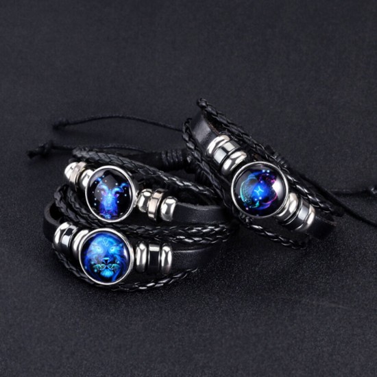 Leather Luminous Bracelet 12 Constellation Zodiac Sign Braided Unisex Jewellery