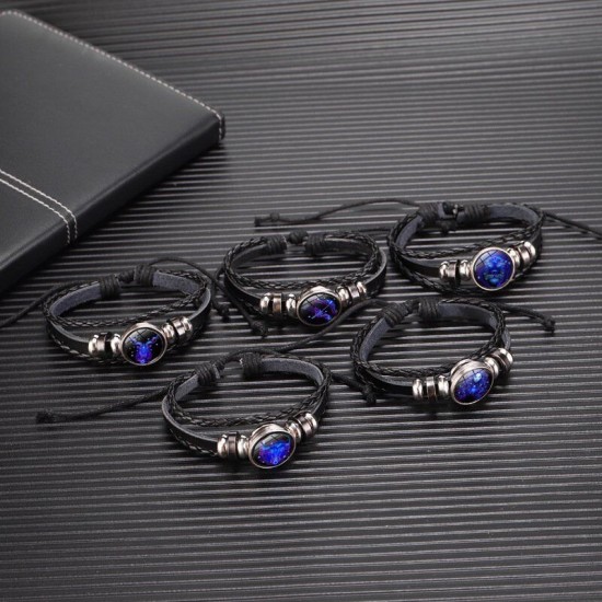 Leather Luminous Bracelet 12 Constellation Zodiac Sign Braided Unisex Jewellery