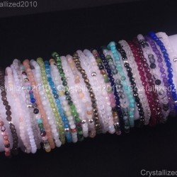 Natural Faceted Round Gemstone 2mm 3mm 4mm Handmade Beads Stretchy Bracelet 925