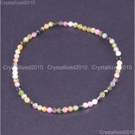 Natural Faceted Round Gemstone 2mm 3mm 4mm Handmade Beads Stretchy Bracelet 925