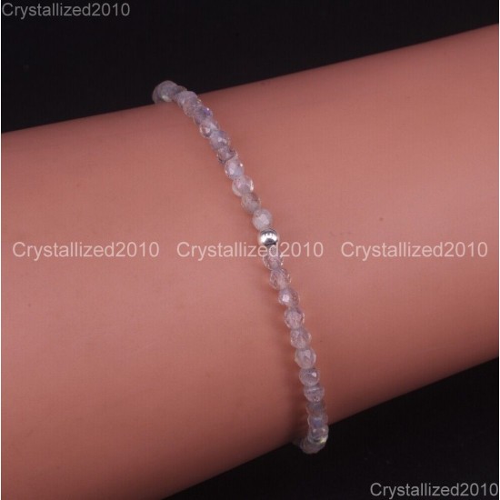 Natural Faceted Round Gemstone 2mm 3mm 4mm Handmade Beads Stretchy Bracelet 925