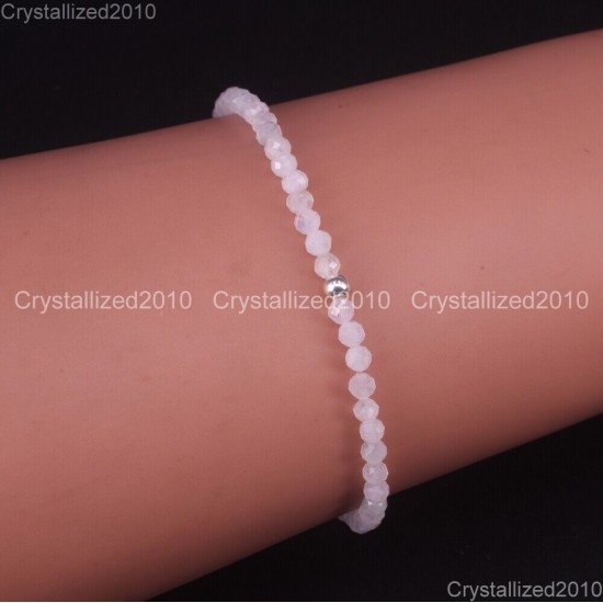 Natural Faceted Round Gemstone 2mm 3mm 4mm Handmade Beads Stretchy Bracelet 925
