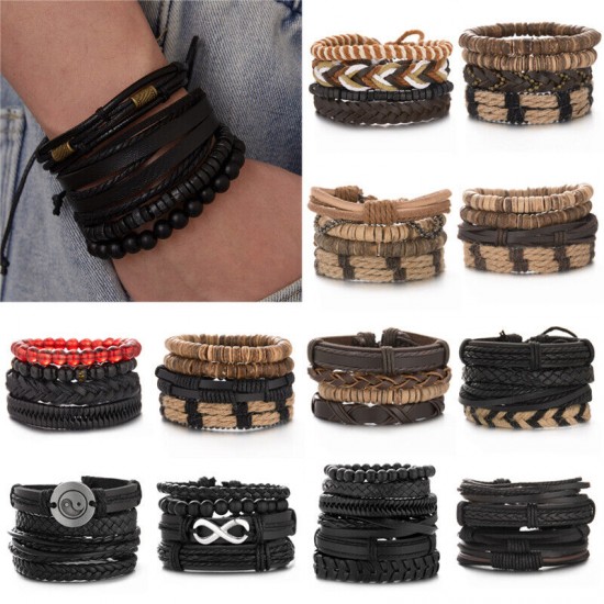 6Pcs/Set Multilayer Leather Bracelet Men's Women Wristband Bangle Jewelry Set