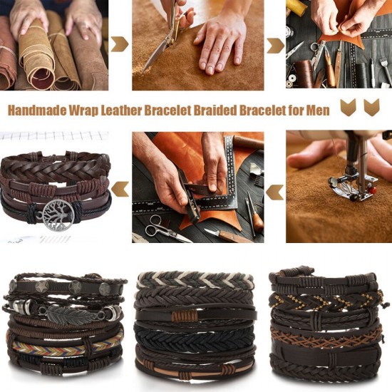 6Pcs/Set Multilayer Leather Bracelet Men's Women Wristband Bangle Jewelry Set