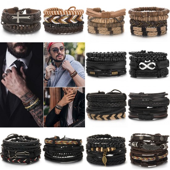 6Pcs/Set Multilayer Leather Bracelet Men's Women Wristband Bangle Jewelry Set