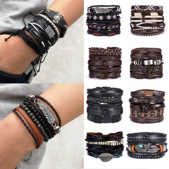 6Pcs/Set Multilayer Leather Bracelet Men's Women Wristband Bangle Jewelry Set