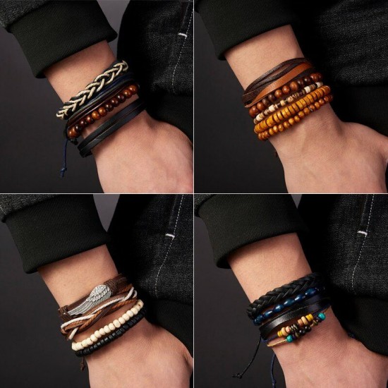 6Pcs/Set Multilayer Leather Bracelet Men's Women Wristband Bangle Jewelry Set