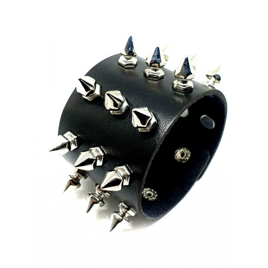 Spike Cuff Wrist Bracelet 21 Spikes Rivet Stud Wide Vegan Faux Leather Rocker