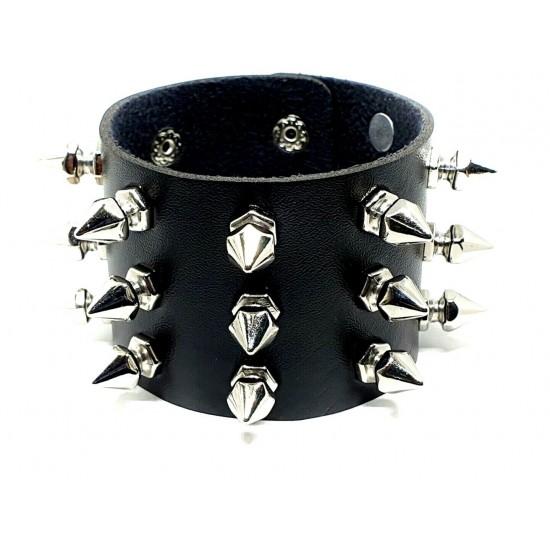 Spike Cuff Wrist Bracelet 21 Spikes Rivet Stud Wide Vegan Faux Leather Rocker