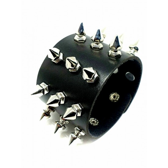 Spike Cuff Wrist Bracelet 21 Spikes Rivet Stud Wide Vegan Faux Leather Rocker