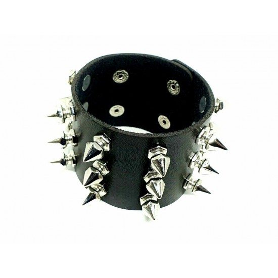Spike Cuff Wrist Bracelet 21 Spikes Rivet Stud Wide Vegan Faux Leather Rocker