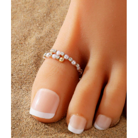 BOHO FESTIVAL BEACH RHINESTONE PEARL TOE RING ADJUSTABLE GOLD  SILVER UK SELLER