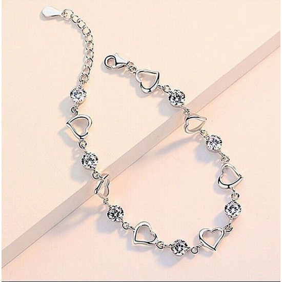 Crystal Heart Linked Charm Bracelet 925 Sterling Silver Womens Jewellery Gift UK