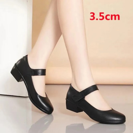 Women Casual Light Weight Black Round Toe Pu Leather Hook & Loop Square Heel Shoes for Office Lady Street & Home Shoes E9660