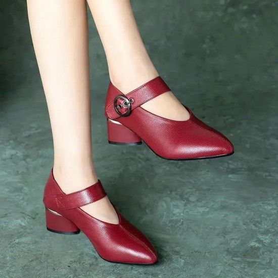 Women Classic Pointed Toe Wine Red Buckle Strap High Quality Square Heel Shoes Zapatos De Mujer Lady Black Comfort Shoes E9647