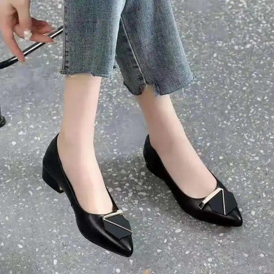 Women Casual Sweet Black Pu Leather Pointed Toe Spring Slip on Square Heel Shoes Lady Cool Pumps Sapatos Femininas E9390