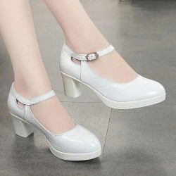 Women Classic Black Round Toe Pu Leather Buckle Strap Square Heel Shoes Lady White Spring & Summer Heel Shoes Zapatos E9329