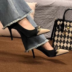 2023  Leather Women Shoes Pointed Toe Slingback Ladies Pumps Thin Med Heel Buckle Single Shoes