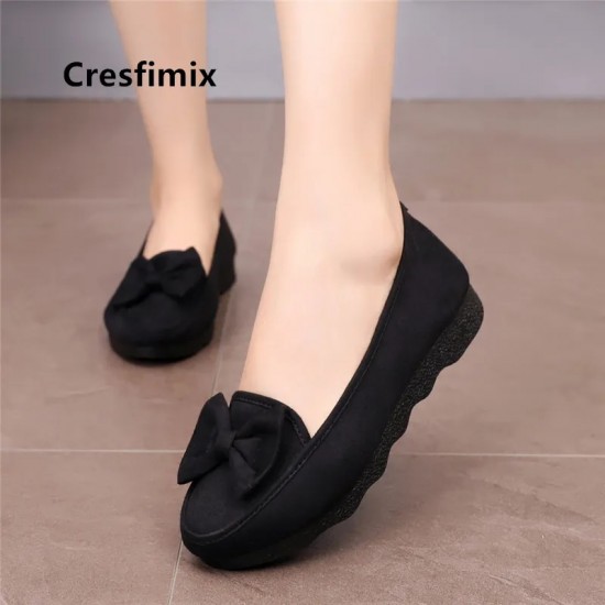 Cresfimix Women Cute Black Light Weight Shoes Lady Bow Tie Comfortable Slip on Flats Female Retro Dance Shoes Zapatos E5053