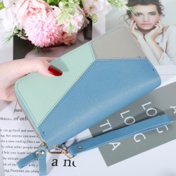 Fashion Candy Color Women's Long Patchwork Wallet Double Zipper Pink Wallets Mobile Phone Bag Clutches Purse Wristlet Wristband