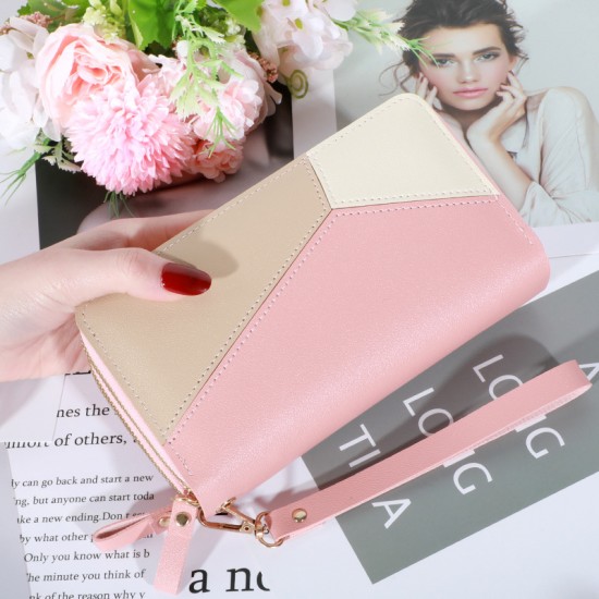 Fashion Candy Color Women's Long Patchwork Wallet Double Zipper Pink Wallets Mobile Phone Bag Clutches Purse Wristlet Wristband