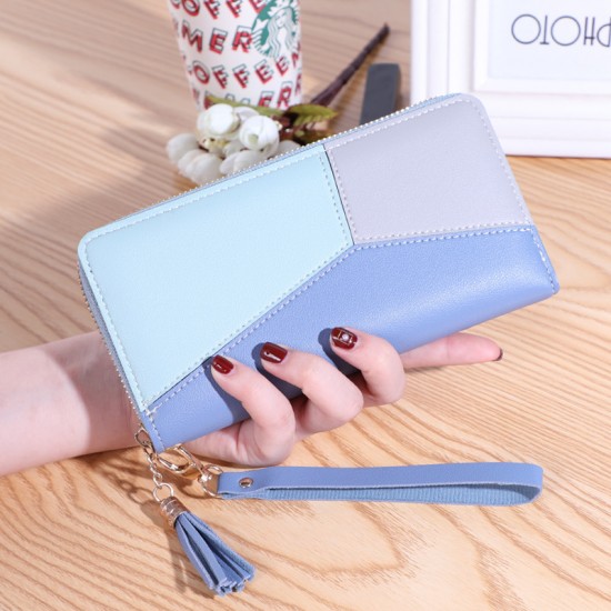 Fashion Candy Color Women's Long Patchwork Wallet Double Zipper Pink Wallets Mobile Phone Bag Clutches Purse Wristlet Wristband