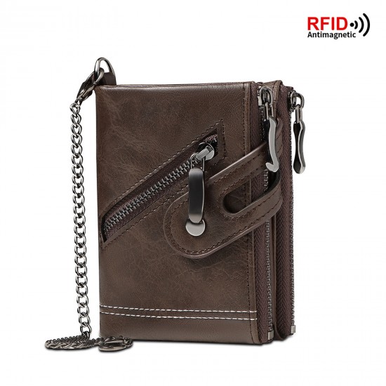 Men's Wallets Multifunctional RFID Blocking Leather Wallet with Chain Decor Credit Card Holder Bifold Compact Coin Purse for Men