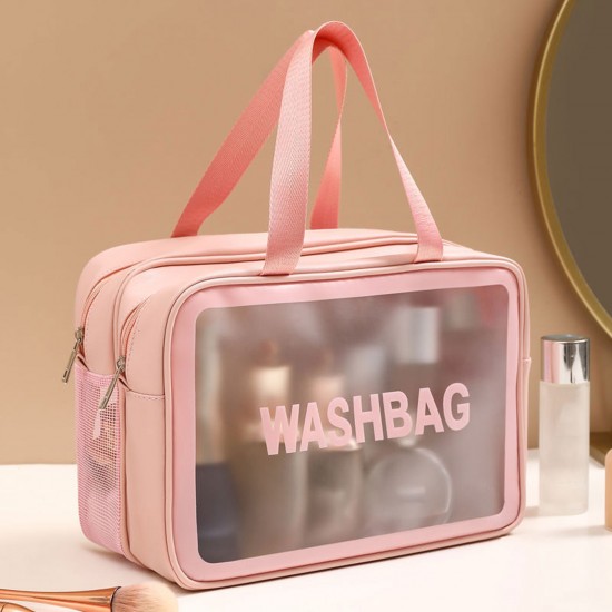 Travel Toiletry Bag Matte Translucent Makeup Organizer with Portable Handle Double Layer Cosmetic Storage Bag for Women Men