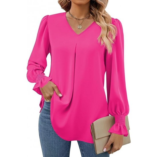 Europe and the United States autumn and winter new solid color chiffon shirt V-neck pullover horn long-sleeved shirt