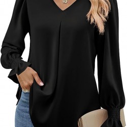 Europe and the United States autumn and winter new solid color chiffon shirt V-neck pullover horn long-sleeved shirt