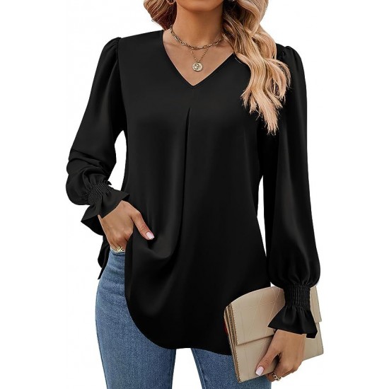 Europe and the United States autumn and winter new solid color chiffon shirt V-neck pullover horn long-sleeved shirt