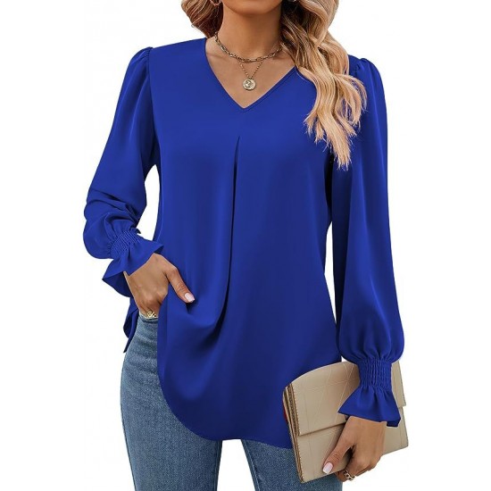 Europe and the United States autumn and winter new solid color chiffon shirt V-neck pullover horn long-sleeved shirt