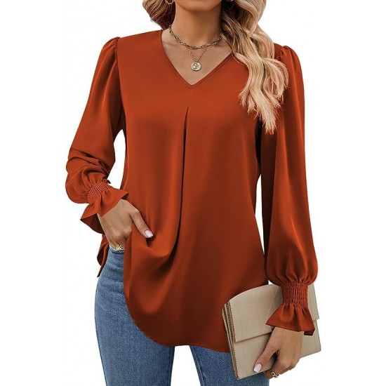 Europe and the United States autumn and winter new solid color chiffon shirt V-neck pullover horn long-sleeved shirt