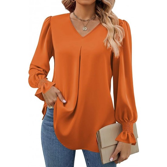 Europe and the United States autumn and winter new solid color chiffon shirt V-neck pullover horn long-sleeved shirt