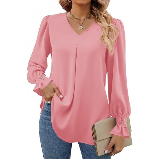 Europe and the United States autumn and winter new solid color chiffon shirt V-neck pullover horn long-sleeved shirt