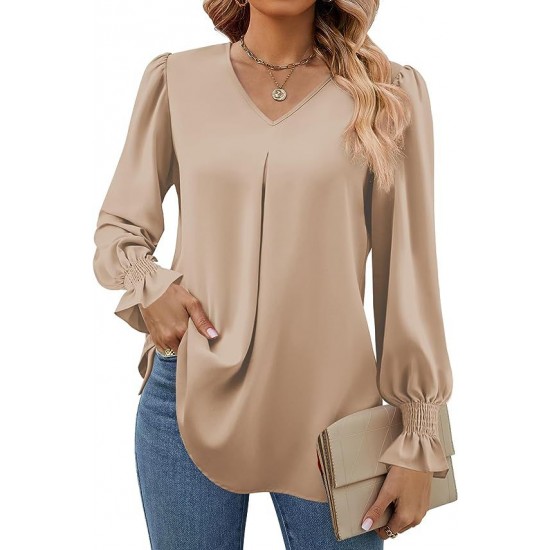 Europe and the United States autumn and winter new solid color chiffon shirt V-neck pullover horn long-sleeved shirt