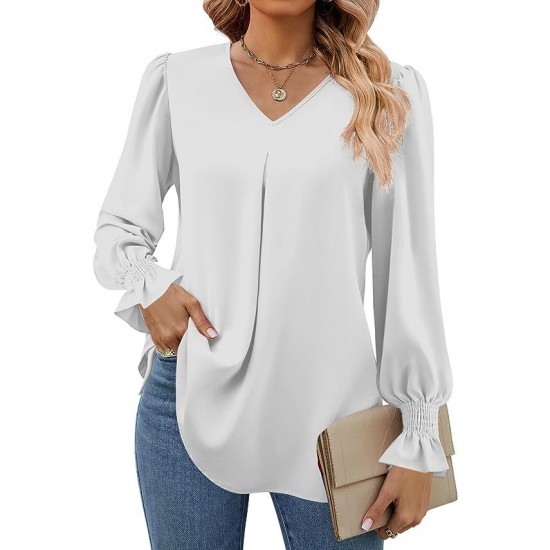 Europe and the United States autumn and winter new solid color chiffon shirt V-neck pullover horn long-sleeved shirt