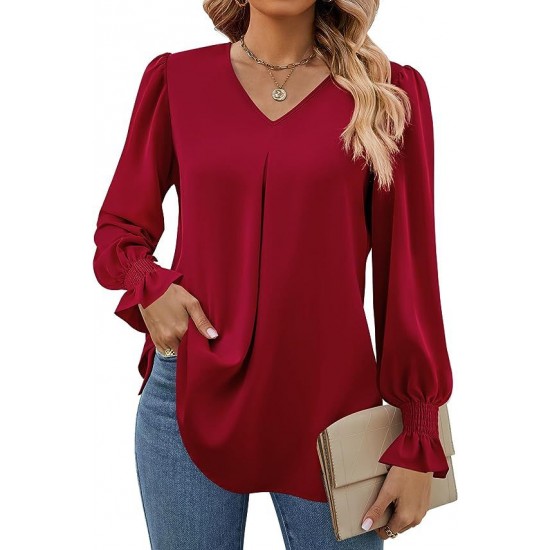 Europe and the United States autumn and winter new solid color chiffon shirt V-neck pullover horn long-sleeved shirt